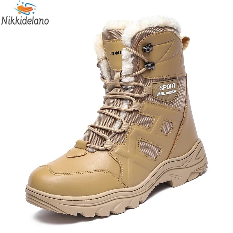 Botas de caminhada de couro impermeável para homens, super quente, top alto, tamanho grande, tênis ao ar livre, botas de neve de inverno, alta qualidade