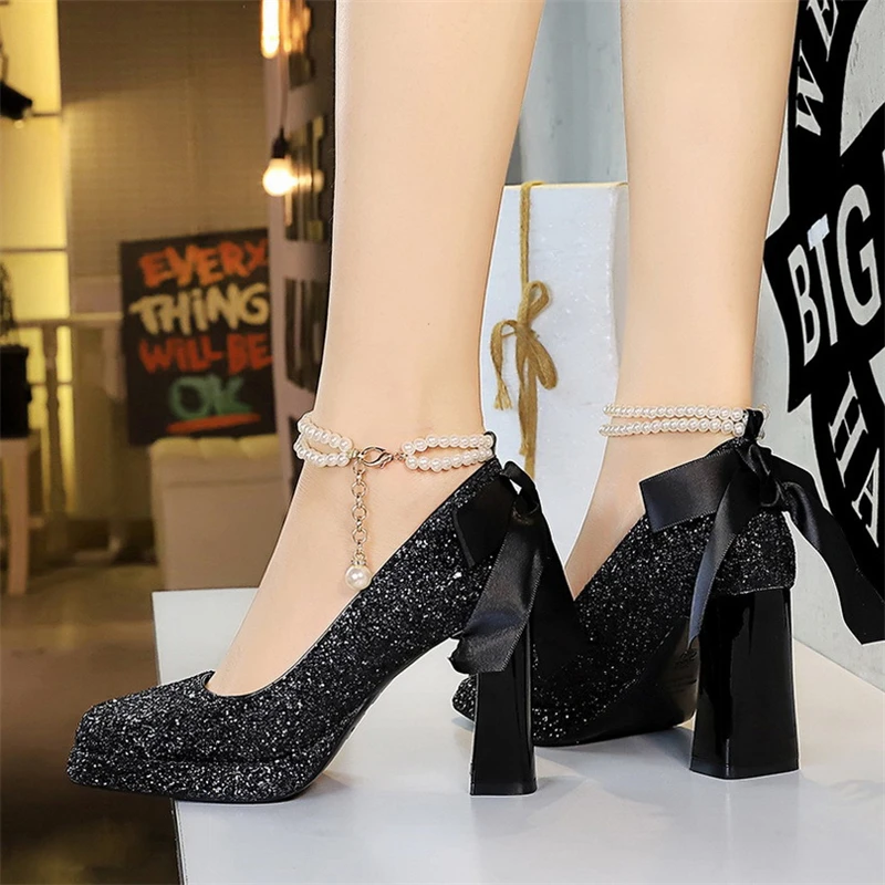 BIGTREE ربيع كتلة مكتنزة الكعوب المرأة مضخات الصنادل مطرزة أزياء الزفاف منصة الكعوب الأحذية