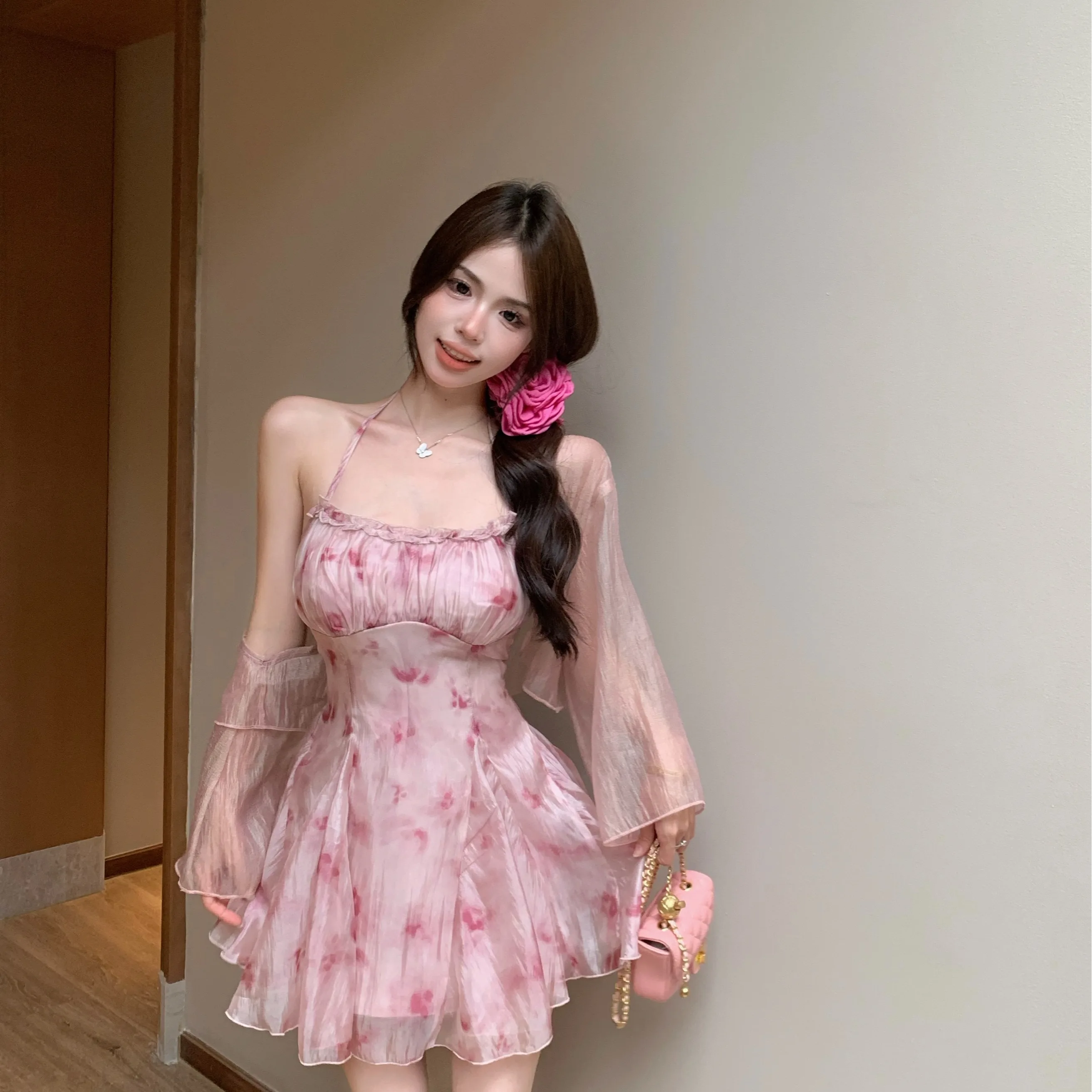 

Spicy Girl Floral Print Chiffon Short Dress Summer New Style Two-Piece Set Sunscreen Outerwear Cardigan Women's Fashion