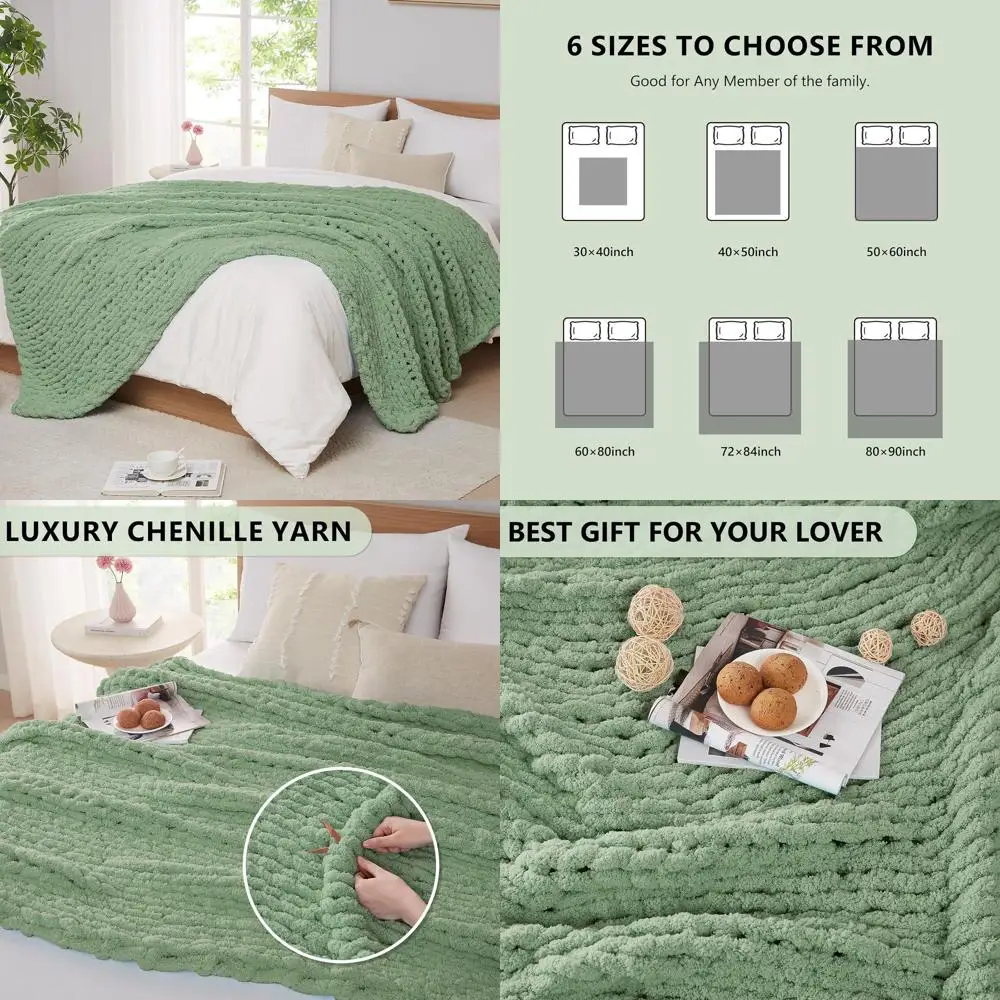 

Luxurious Hand-Crocheted Chenille Cable Knit Throw, 60x80, Sage Green for Cozy Home Decor