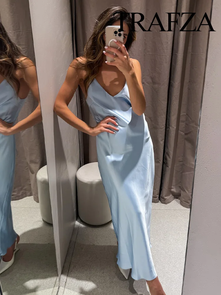 

TRAFZA Women's Summer New Lingerie Silk Satin Texture Midi Long Dress Female Elegant V-neck Sexy Sleeveless Ankle-length Dress