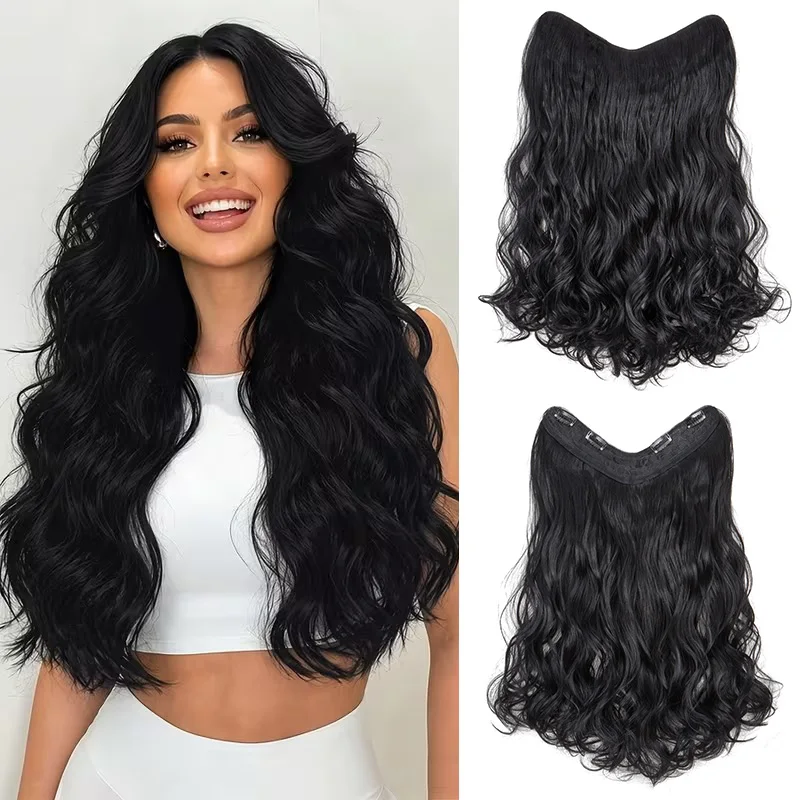 20Inch Synthetic Long Curly Clip In Hair Extensions V-Shape One Piece Wavy Hair Pieces for Women Easy Install for Daily Party