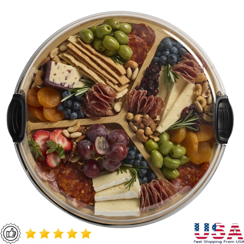 

Круглая бамбуковая доска для приготовления мясных изделий, 14 дюймов, 3 отделения, двухсторонний поднос с запирающейся крышкой, для пикников и мероприятий