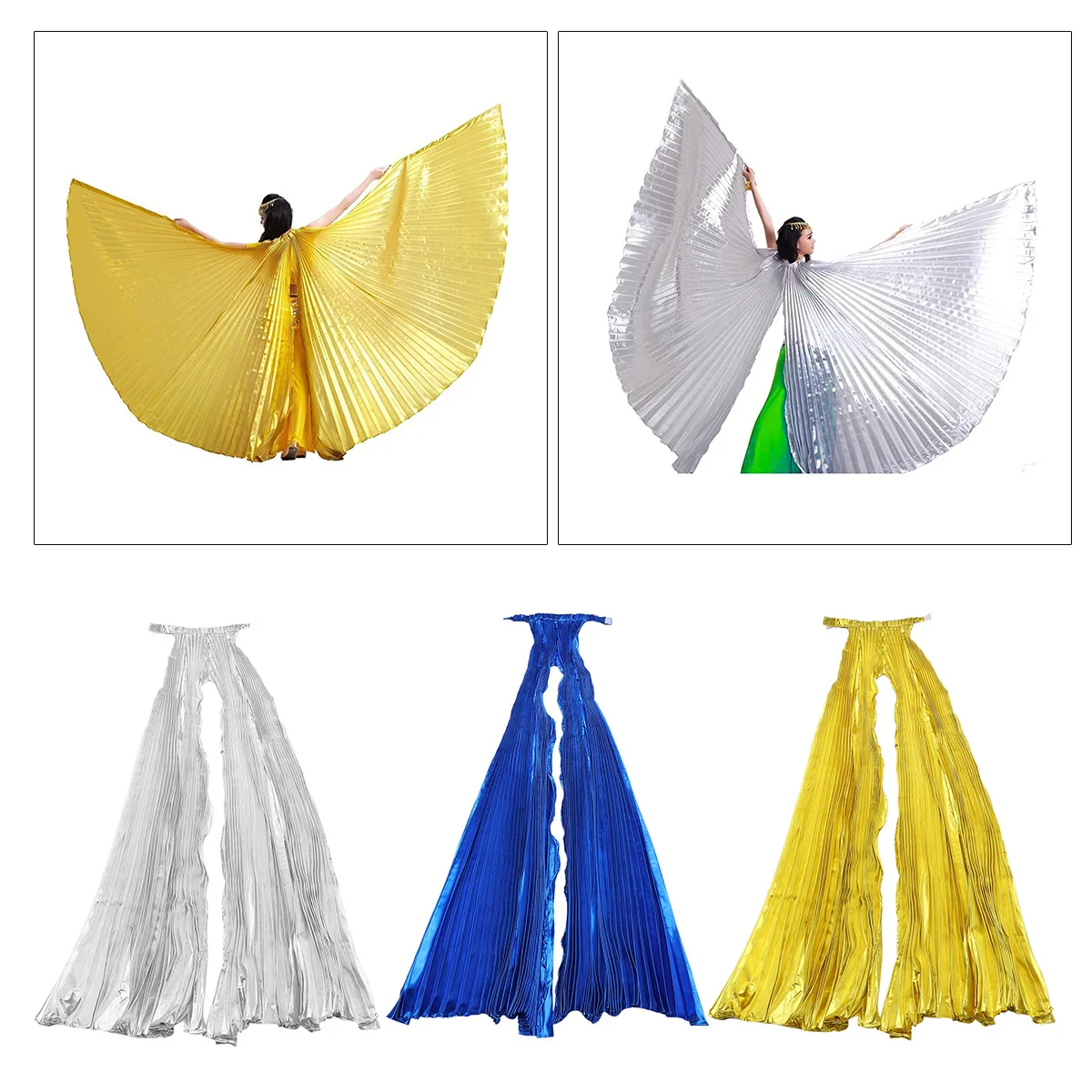 1 Stück Bauchflügel für Erwachsene, professionelles Kostüm, silberfarben, leicht, faltbar, 360 Grad Polyester, für Tanz, Bauchtanz