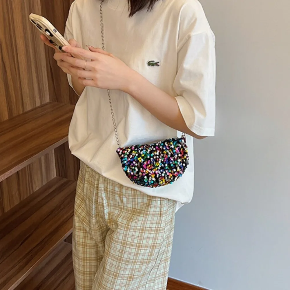 

Trendy Polyester Sequin Shoulder Bag Zipper Dumpling Sparkling Crossbody Bag Multicolor Korean Style Bling Chain Bag Women