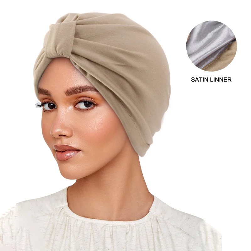 Women Muslim Cotton Turban India Headscarf Satin Lining Beanie Bonnet Hair Loss Chemo Cap Islamic Hat Headwear Stretch Head Wrap