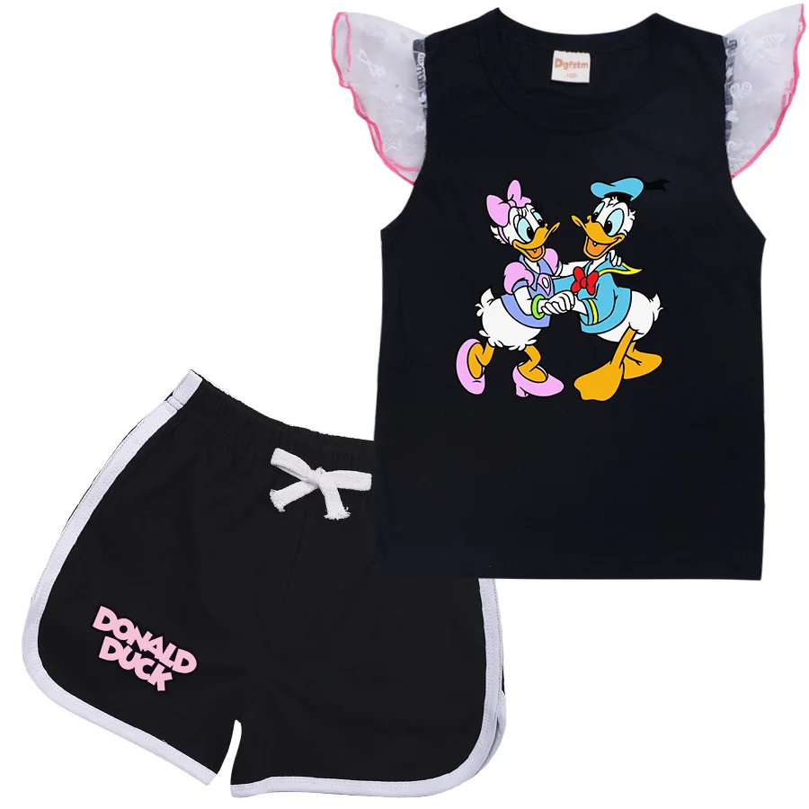 Fashion Summer Girls Baby Clothing Cute Donald Duck Daisy Set Short Sleeve Children Casual Cartoon Print Tops+Shorts Set