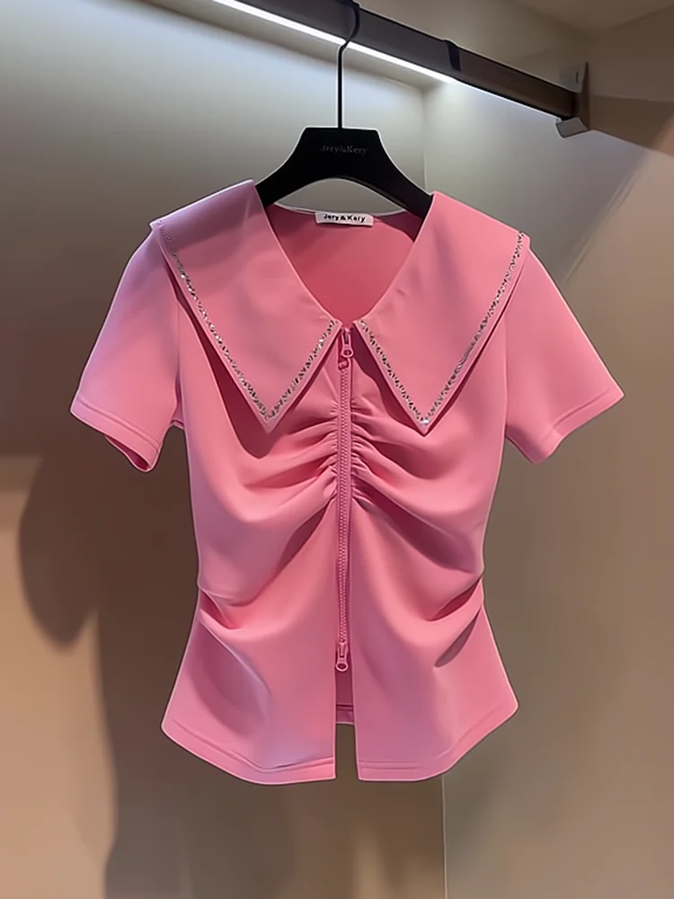 

Unique Sli ort Sve Slim Fit Women's T-irt Summer New Faion Versatile European Heavy Industry Design Unique Top