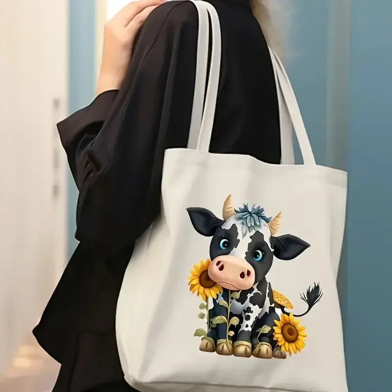 Women's Cute Sunflower Cow Print Canvas Tote Bag Student Large Capacity Beach Shoulder Bag Women Casual Travel Shopping Handbag