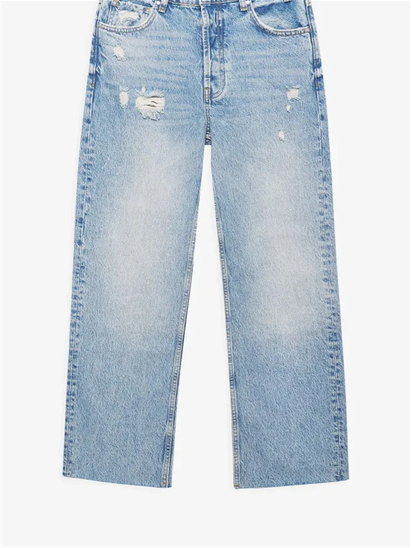 Women's Ripped Jeans Zipper Pockets Simple All-Match Spring Summer Straight High-Waist Denim Pants