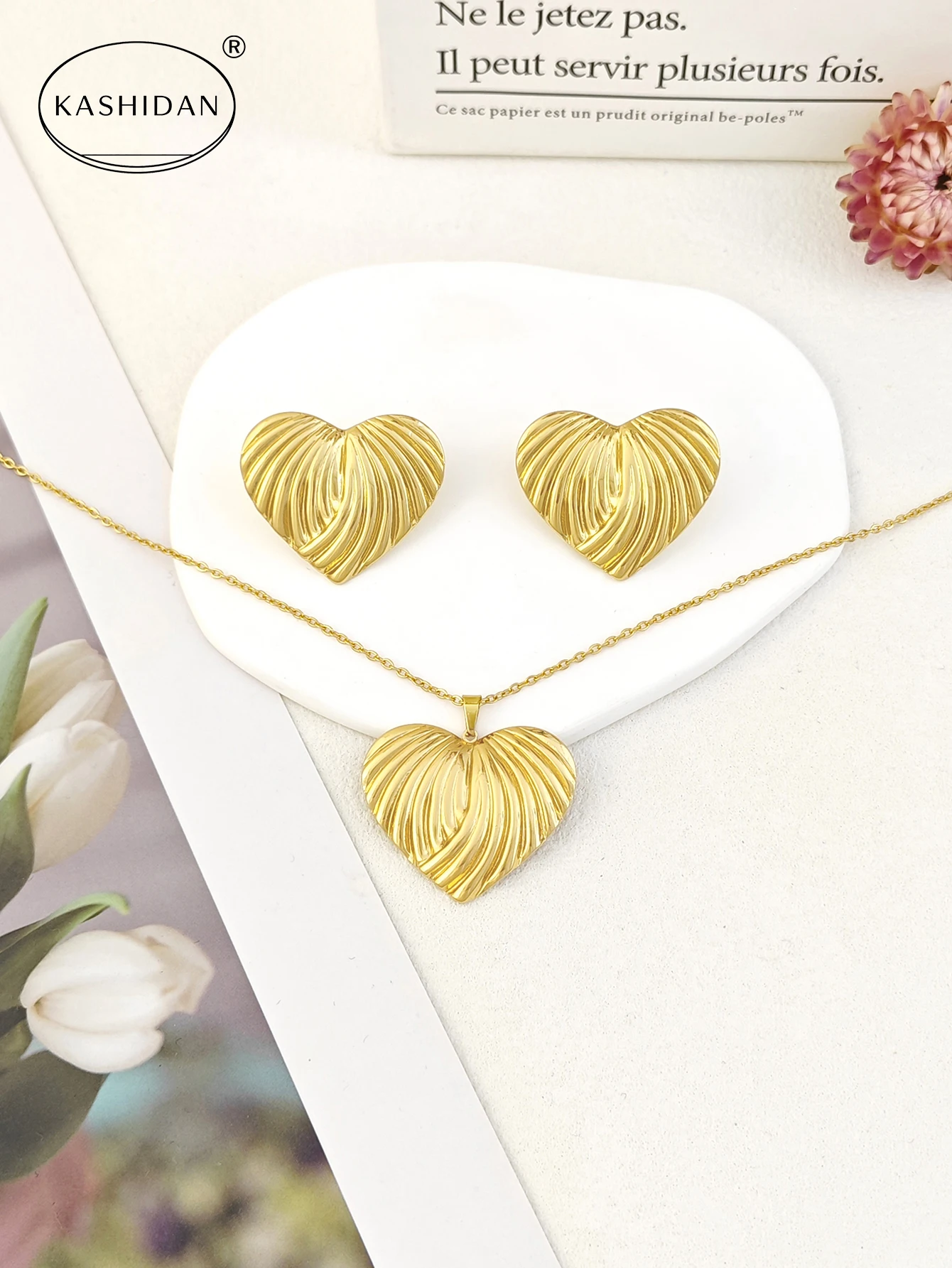 Fashion Stainless Steel Jewelry Set for Women Gold Color Chunky Textured Fluted Heart Necklace Set