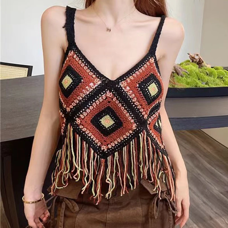 Fringed Granny Square Crochet Cami Tops Open Knit Strappy Vest Crop Vest Women Boho Summer Vacation Beach Cottagecore