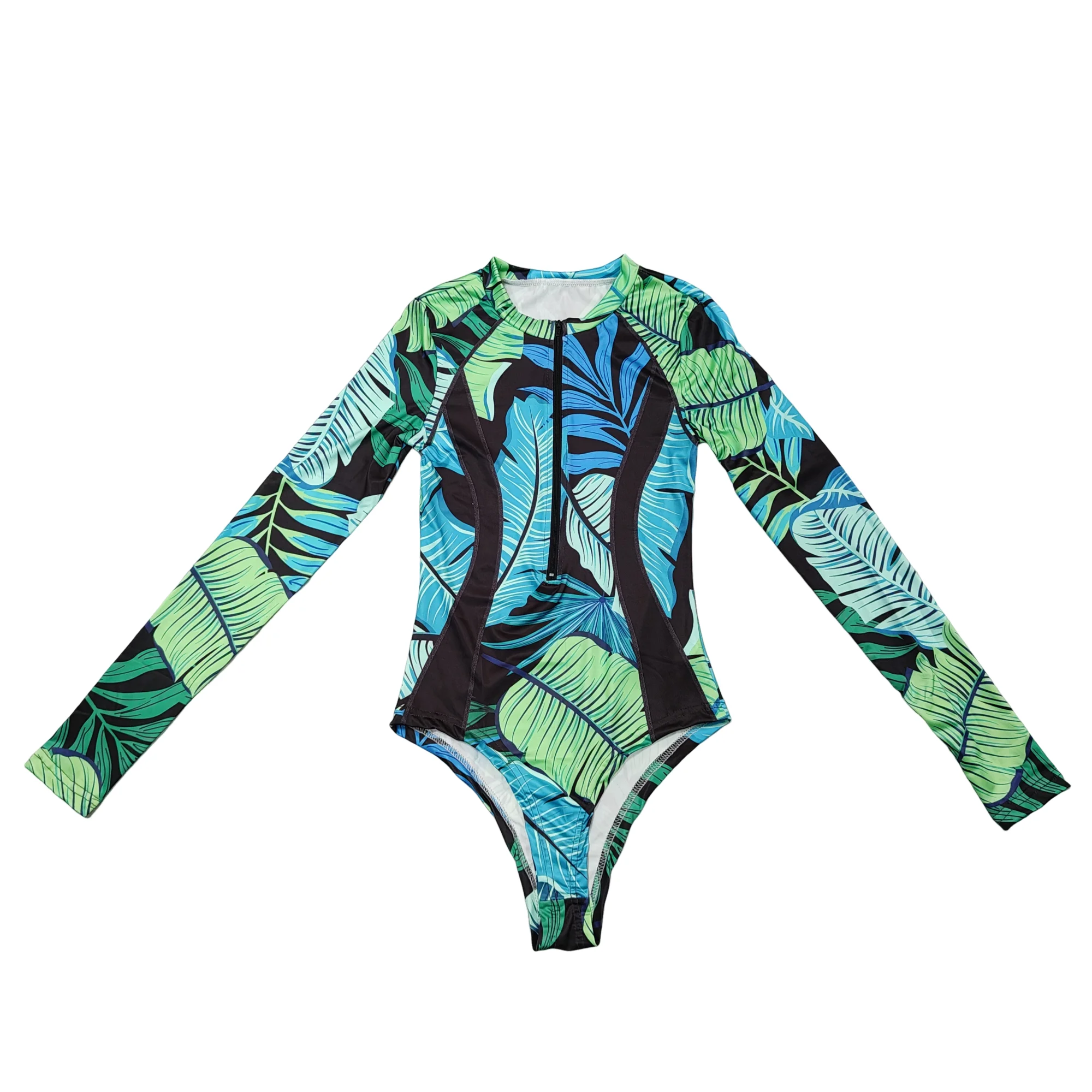 Women Long Sleeve One Piece Swimsuit 3D Print Tropical Palm Leaf Front Zipper Slim Surf Wetsuit For Beach Diving Pool Summer