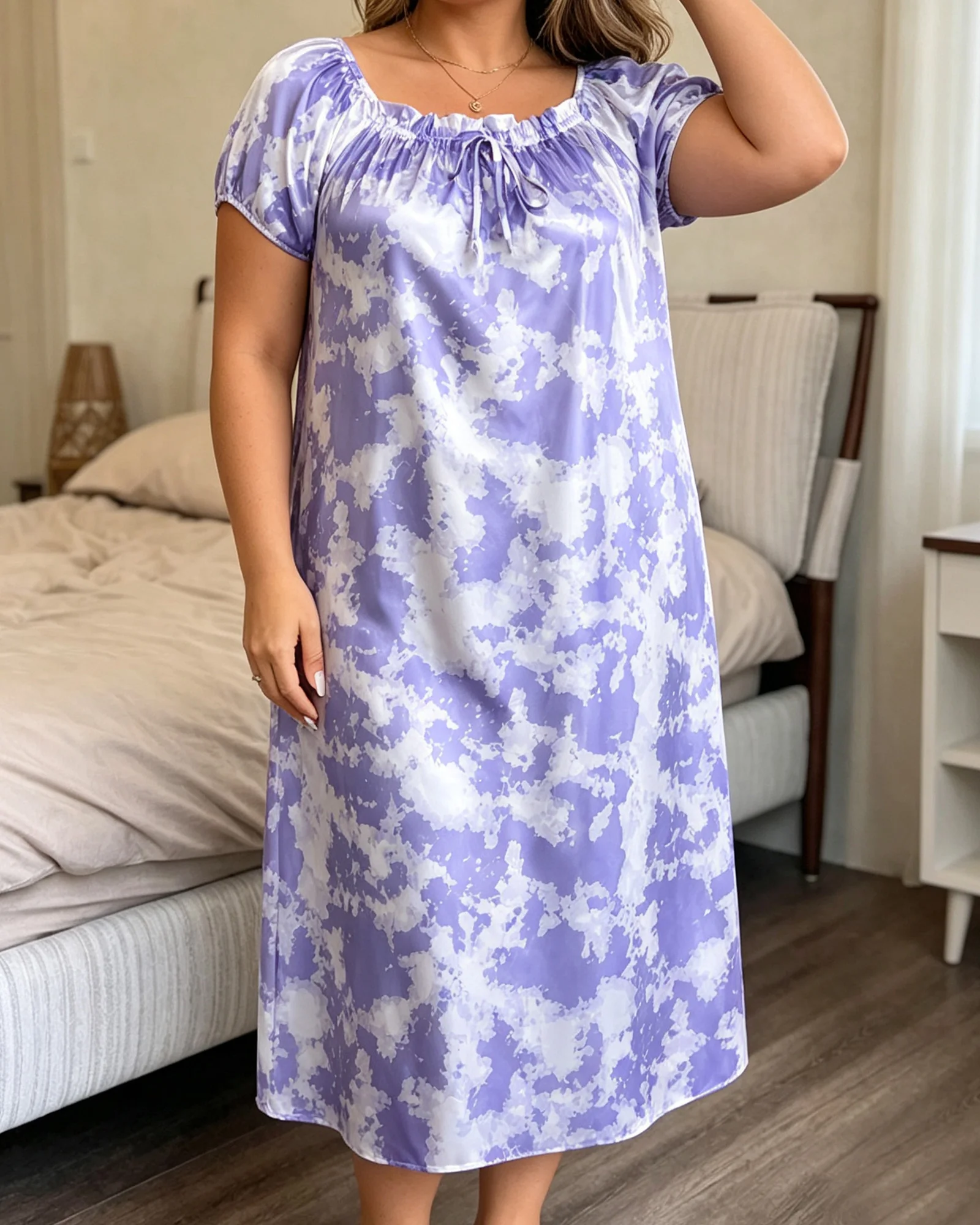 Women Plus Size Light Blue Sleepwear Peach Print Nightgown Square Neck Short Sleeve With Drawstring Thin Soft Long Night Dress H