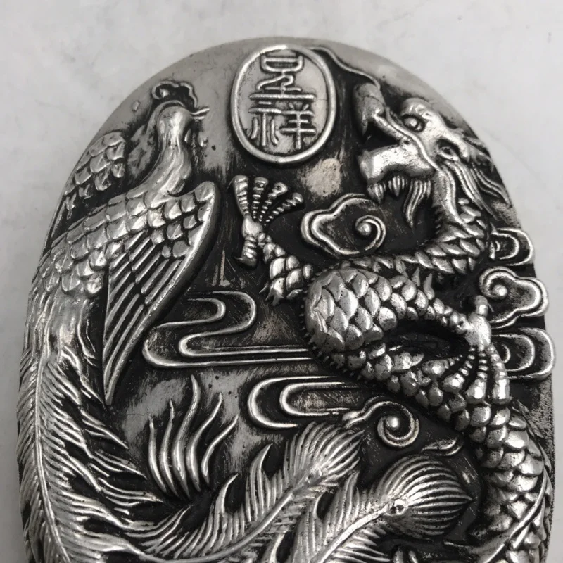 Antique Distressed Creative Calligraphy Materials Cooperized Silver Dragon and Phoenix Large Cover Table Length about 13cm