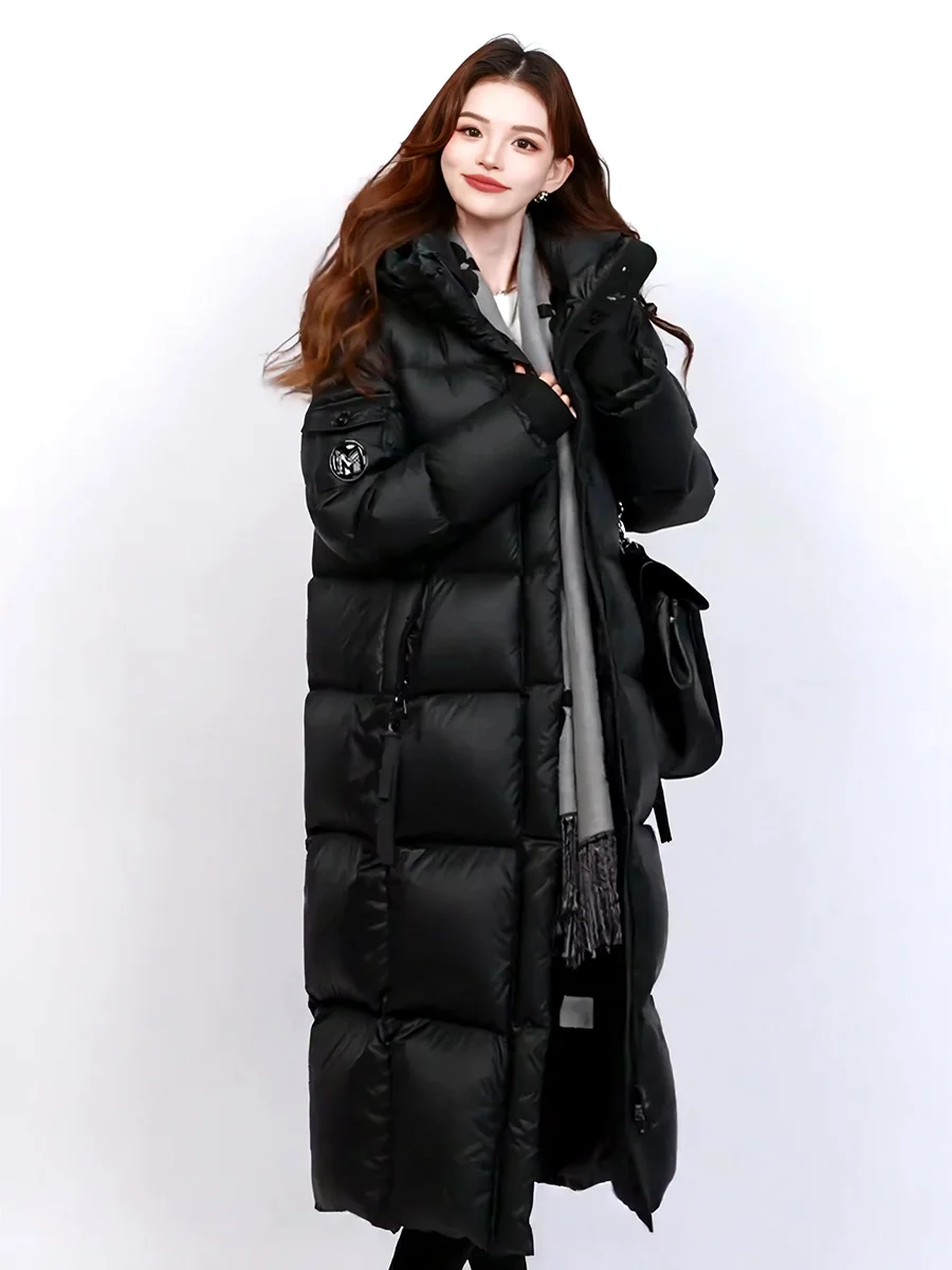 

Корейское длинное пуховое пальто для женщин, зимнее, утепленное, выше колена, белое, с капюшоном, повседневное, на молнии