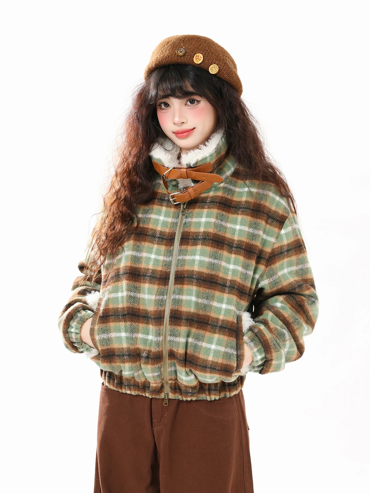 

ENJOG Американская ретро-куртка в клетку с воротником из овечьей шерсти, женская, осенне-зимняя, утепленная, теплая хлопковая одежда для улицы
