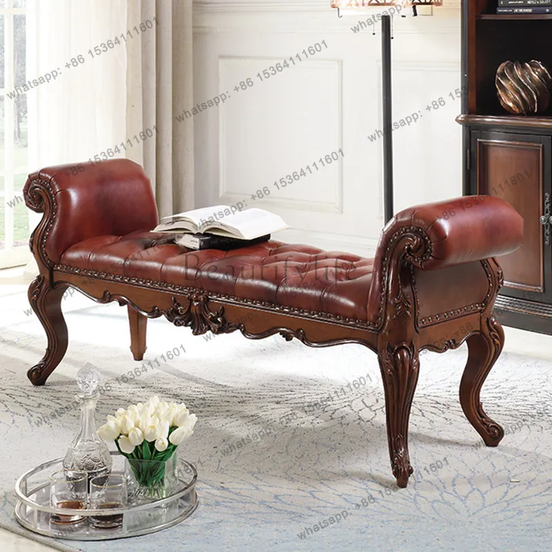 XX European All Solid Wood Carving Flower Stool Household American Leather Bedside Stool Shoe Changing Stool