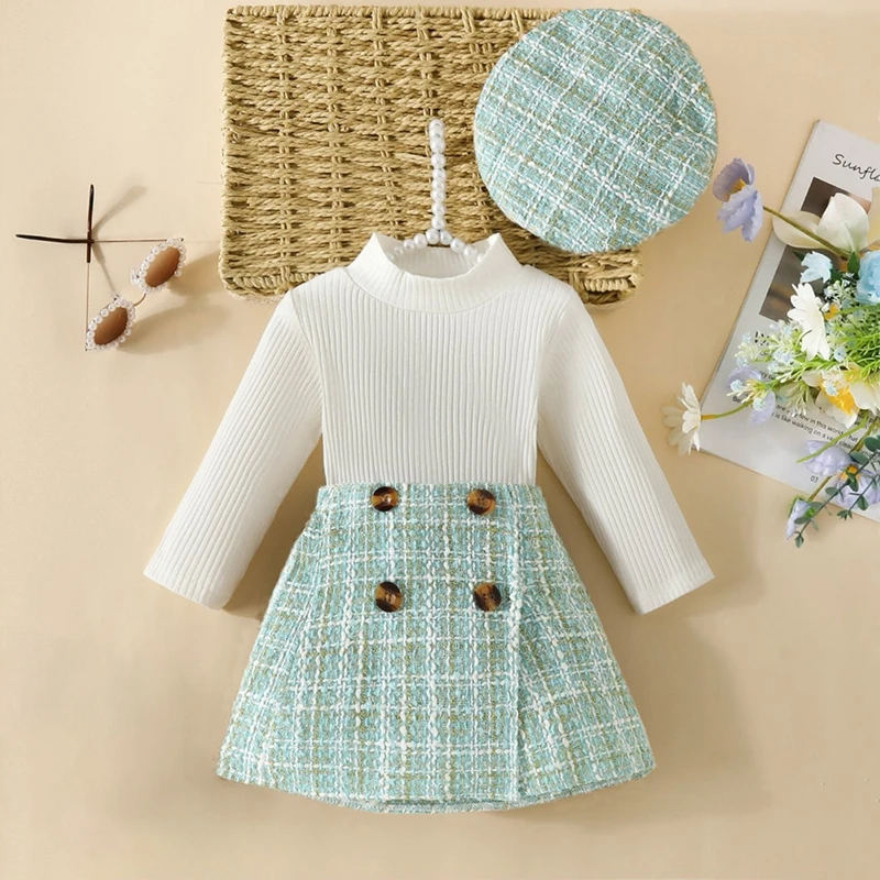 Children Girls Autumn Clothes Set Long Sleeve Knitted Ribbed Tops Thousand-bird Plaid Skirts Hats 3Pcs Suit Baby Fashion Outfits