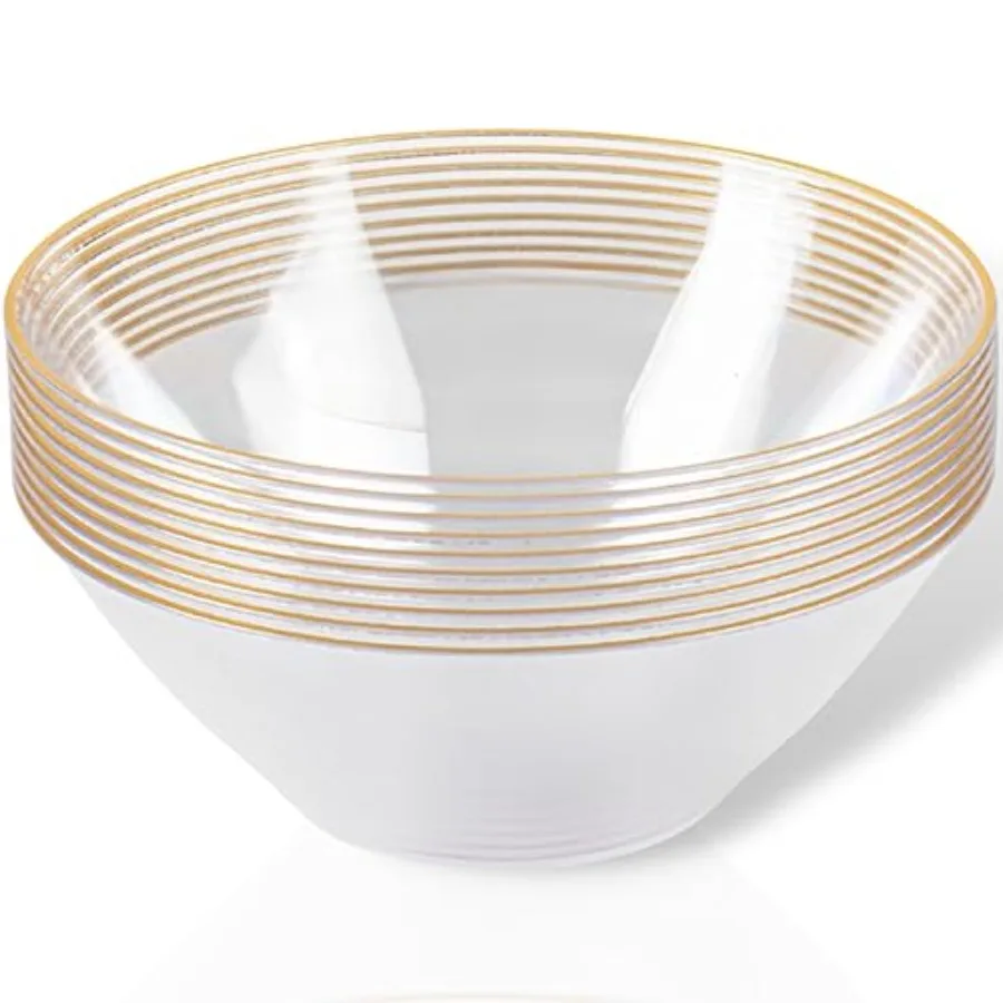 Organic Disposable Clear Bowls With Gold Rim - 6 Oz 10 Count - Stylish Dinnerware for Parties and Events