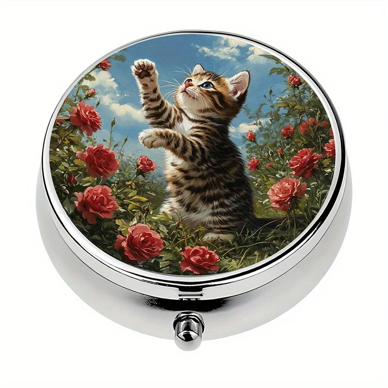 1-piece pill box with 3 compartments, cute kitten in rose garden theme mini pill box, medicine storage box, decorative vitamin storage box, suitable for purse or wallet
