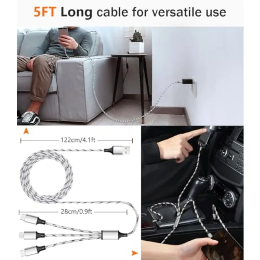 Cable de carga múltiple, paquete de 3 cables de cargador múltiple de 5 pies, adaptador de cable de carga Universal 3 en 1 trenzado de nailon con USB múltiple con tipo C