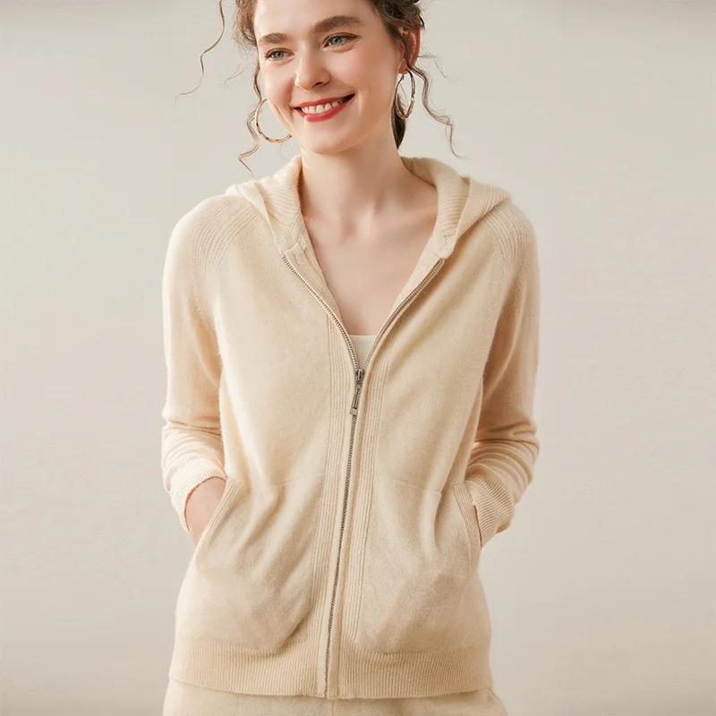 

100% Cashmere Cardigan Sweater Autumn Winter Women's New Hooded Knit Jackets Soild Slim Zipper pocket Casual Long Sleeve Tops