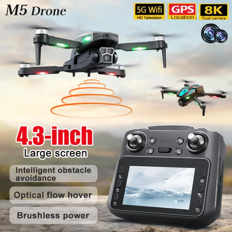 

Дрон M5s 2026 года с GPS, 8K HD, двумя камерами и обзором 360° ° Квадрокоптеры с функцией обхода препятствий, 5G WiFi, складные, с бесщеточными двигателями, для аэрофотосъемки