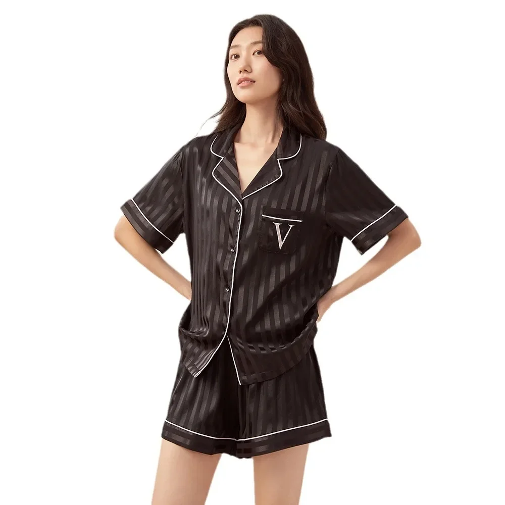 2024Secret Same Glossy Striped Jacquard Pajamas Women\'sShort Sleeve Shorts Set Loungewear