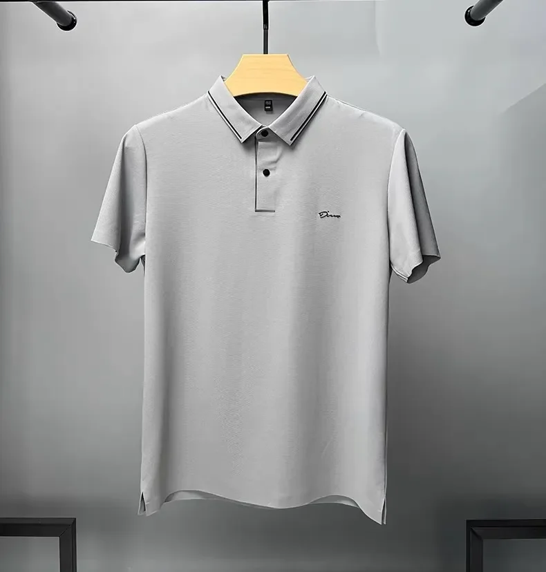 Light luxury brand ice silk short sleeve T-shirt men\'s lapel casual top summer fashion embroidery cool and breathable POLO shirt