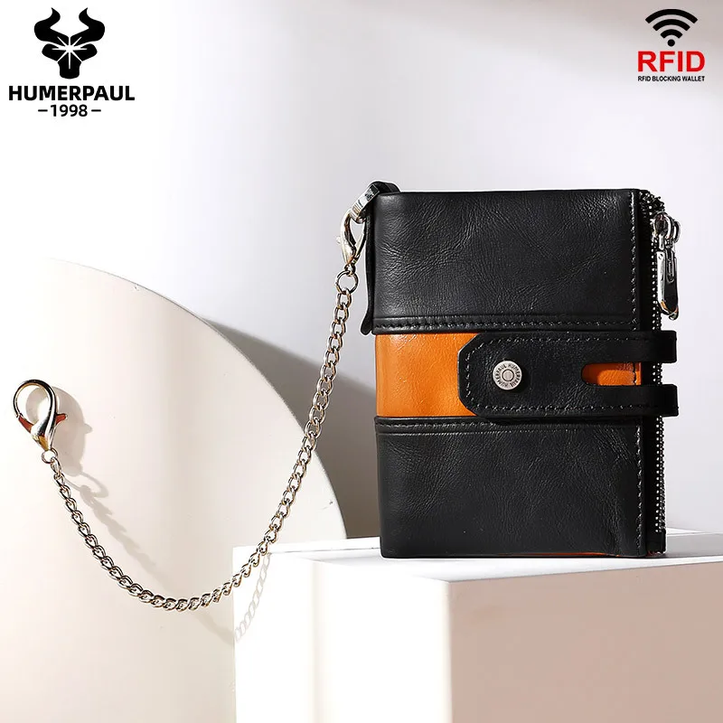 RFID multi-card male color contrast coin wallet multi-card thin buckle real leather three-fold chain to prevent losing wallet