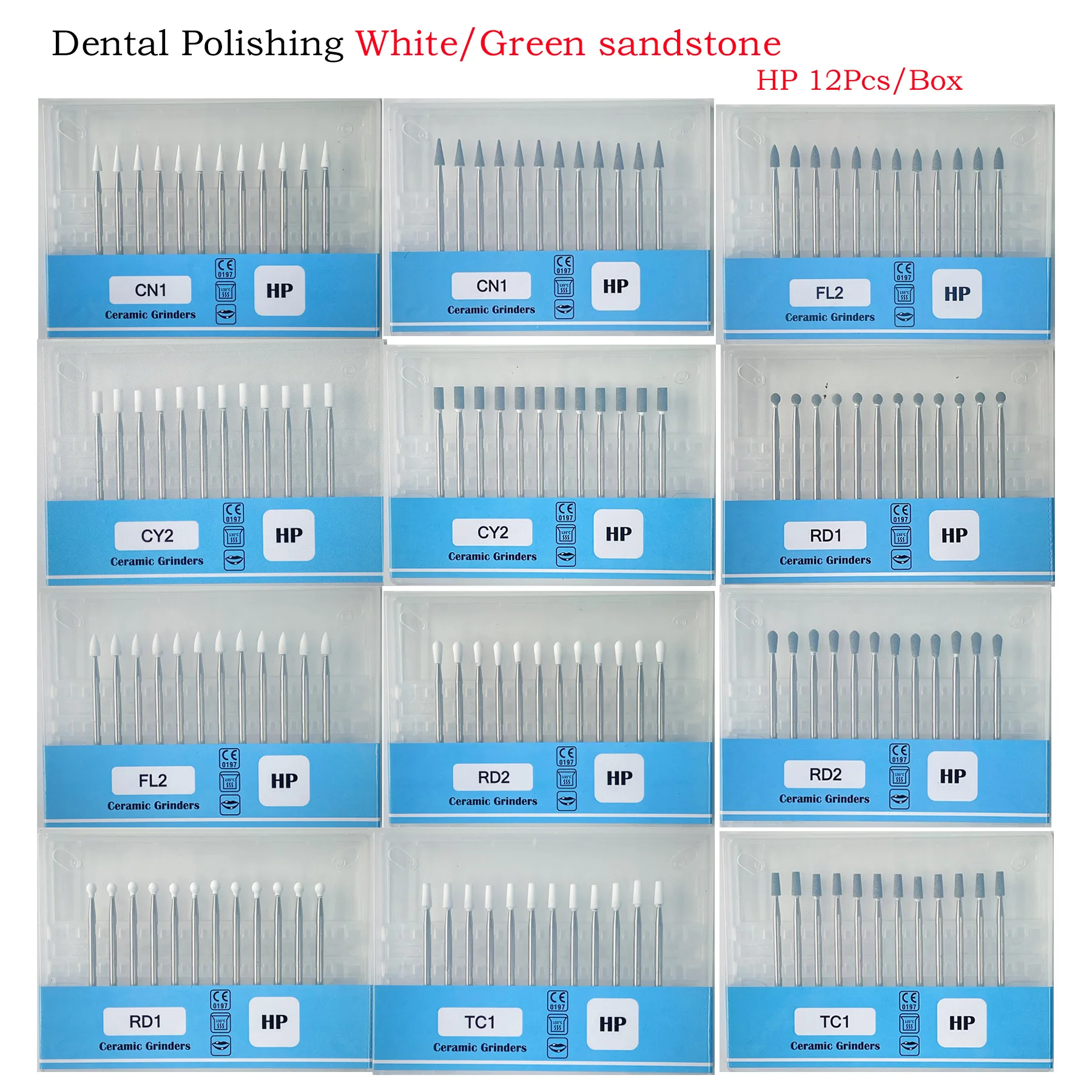 

HP Dental Polishing Stone White/Green Dentistry Tools Flame Cone Round Shape Porcelain Resin For Handpiece Burs 12Pcs/Box