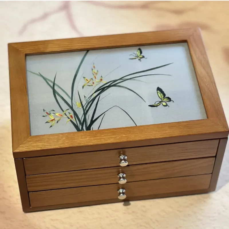 Wooden Jewelry Box Moisture-Proof Earring Holder Double-Sided Embroidery Jewelry Box Partitioned Watch Holder Bedroom Desk