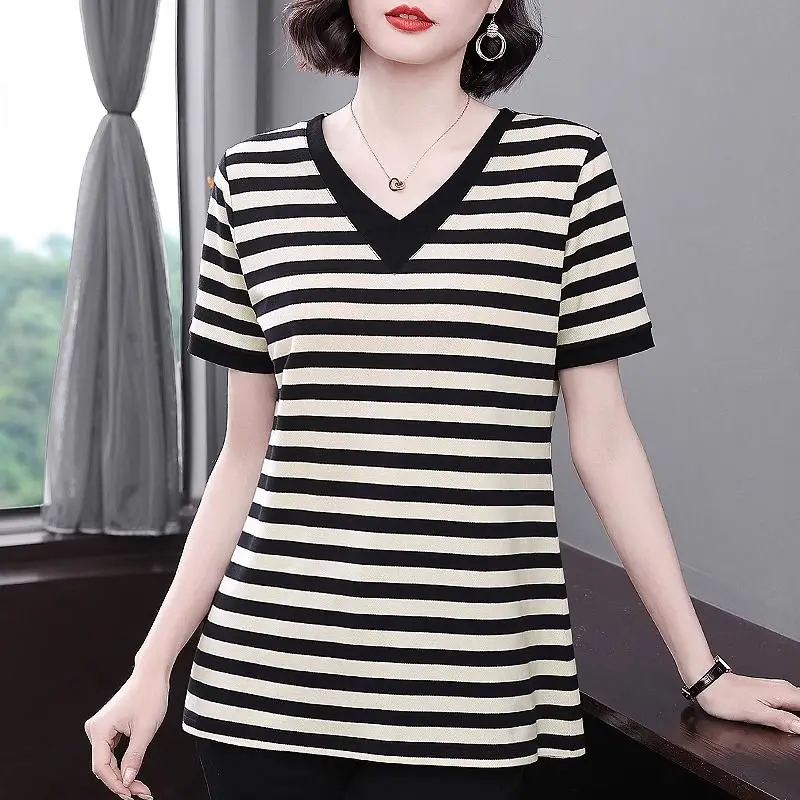 

Vintage Loose Striped Tops Tees Summer New Short Sleeve Plus Size V Neck All-match Office T Shirts Fashion Casual Women Clothing