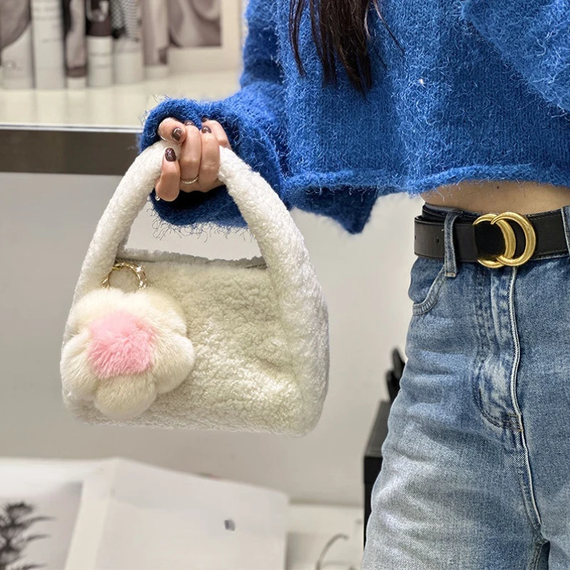 Women's Handle Bag 2023 Hot New Cute Purse Handbag Delicate Chain Simple Lamb Hair  Autumn Winter One Shoulder Crossbody Bag