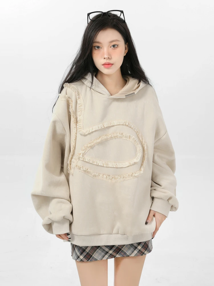 American Apricot Hoodies Coat Autumn and Winter Preppy Style Fleece-Lined Thick Oversize Fashionable All-Match Sweatshirts