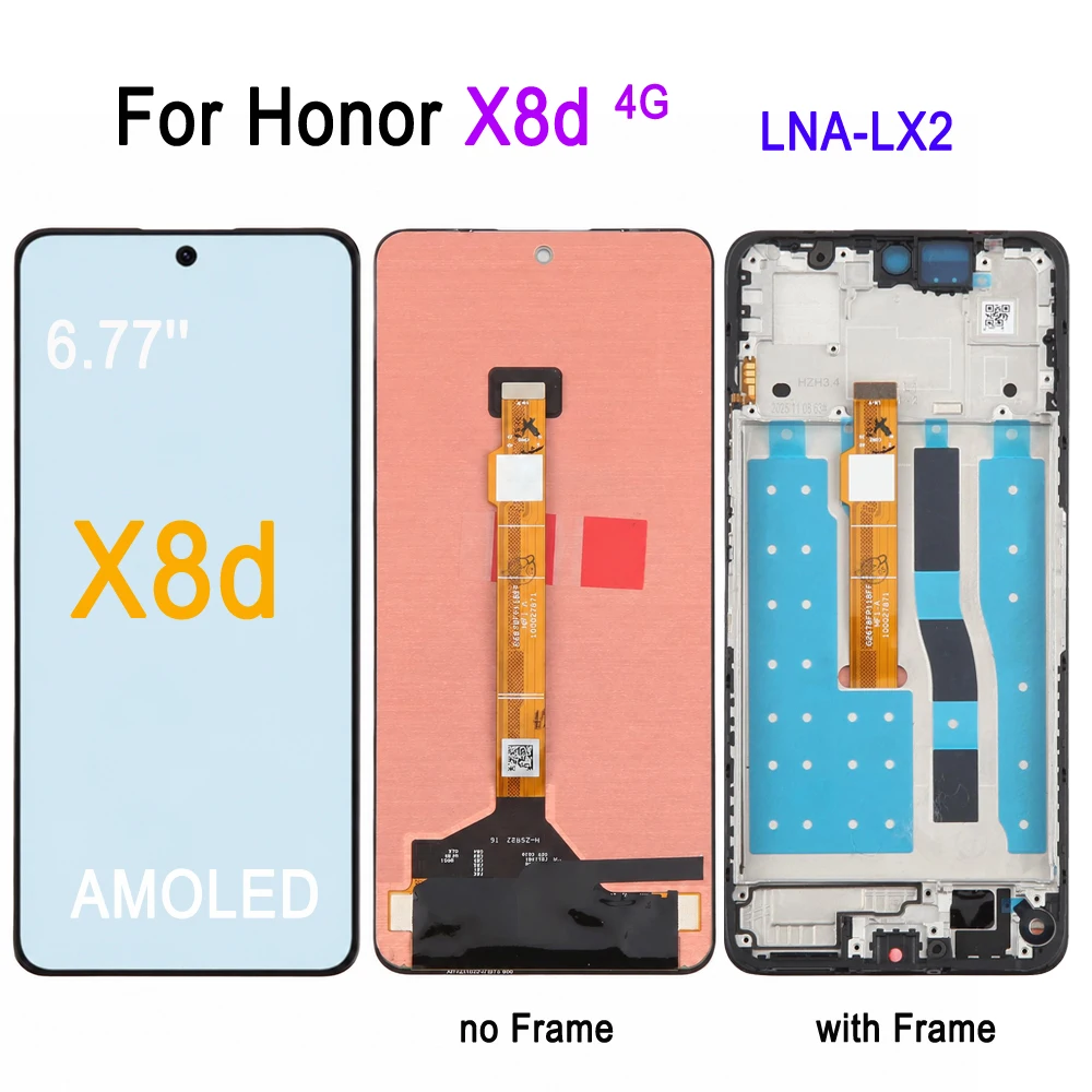 6.77-inches 120Hz AMOLED Screen For Honor X8d 4G, LNA-LX2 Phone Display Touch Screen No/With Frame Repair Replacement Spare Part