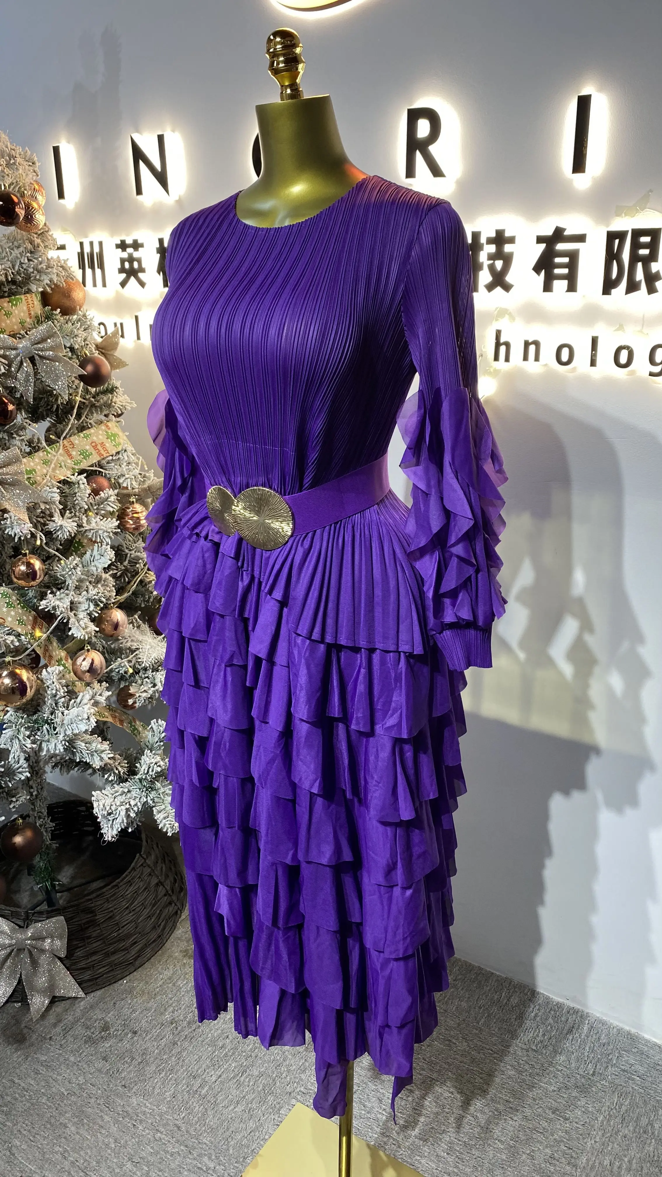2025 Autumn New Women's Casual Dress, Round Neck, Tie-Waist, Ruffled Waist, Pleated Long Sleeves-GZXX163