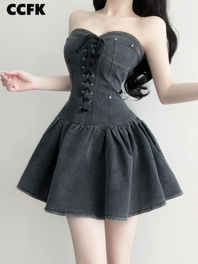 Grunge Y2K Aesthetic Denim Dress Women Vintage Strapless Lace Up Vestidos Egirl Black Sexy Gothic Bodycon Mini Dress Emo Dress