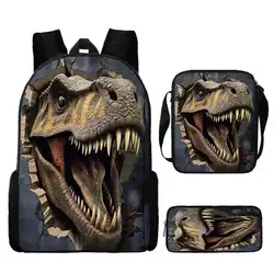 3Pcs Set School Backpack with Shoulder Bags ,Pencil Case,Dinosaur Animal Printed Book Bags Schoolbags for Grade 1-4 Pupil