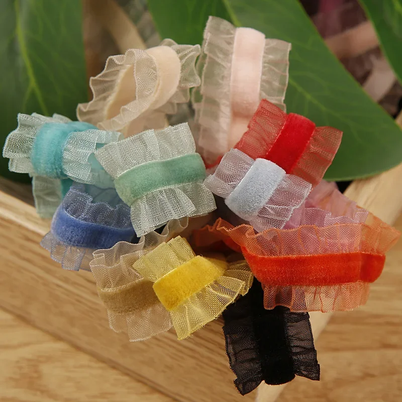 100 Yards Organza Ruffle Velvet Elastic Ribbons Handicraft Tape for Handmade Material Hair Rubber Bows Fabric Lace Trim