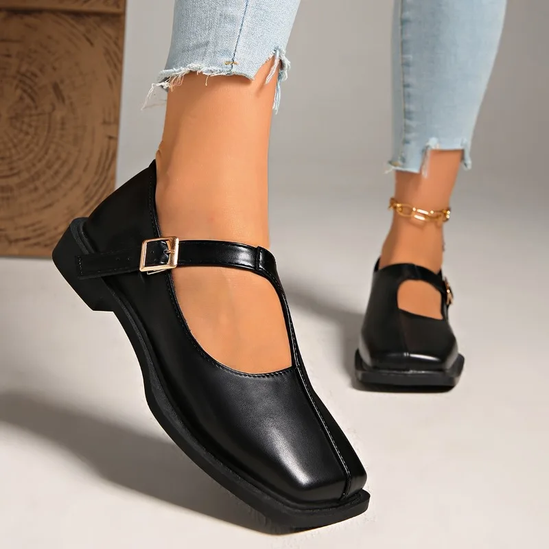 النمط الفرنسي موضة كل مباراة حذا فردي للسيدات 2025 ربيع جديد لونين ساحة تو الفم الضحلة كعب مربع حذاء مسطح حجم كبير #1