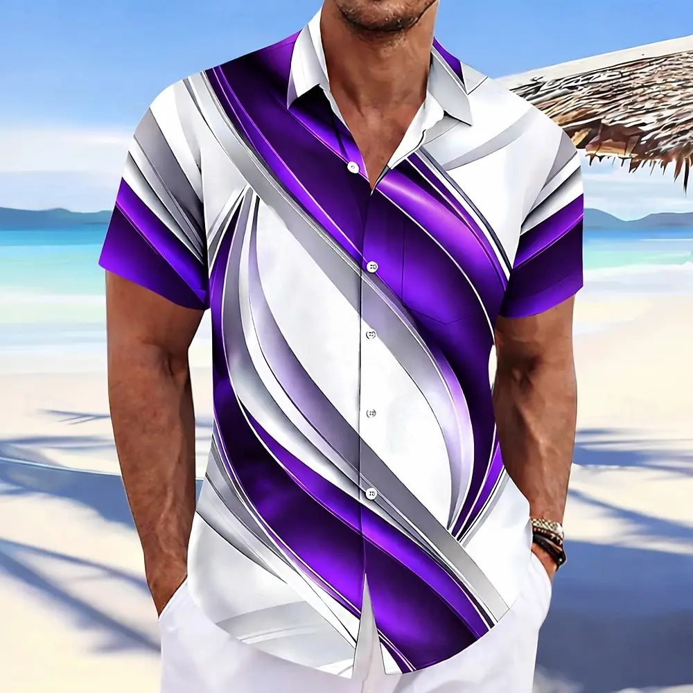 Multi Color 3D Diagonal Wave Men Shirts Smooth Loose Lapel Tops For Party Beach Holiday Trip