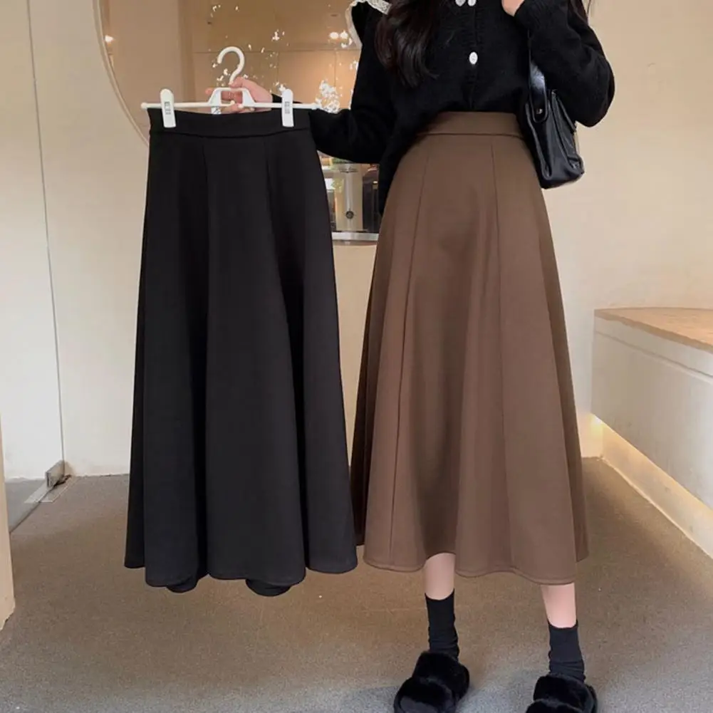 High-waisted Skater Skirt Elegant High Waist A-line Midi Skirt for Office Lady Solid Color Hem Commuting Style Workwear