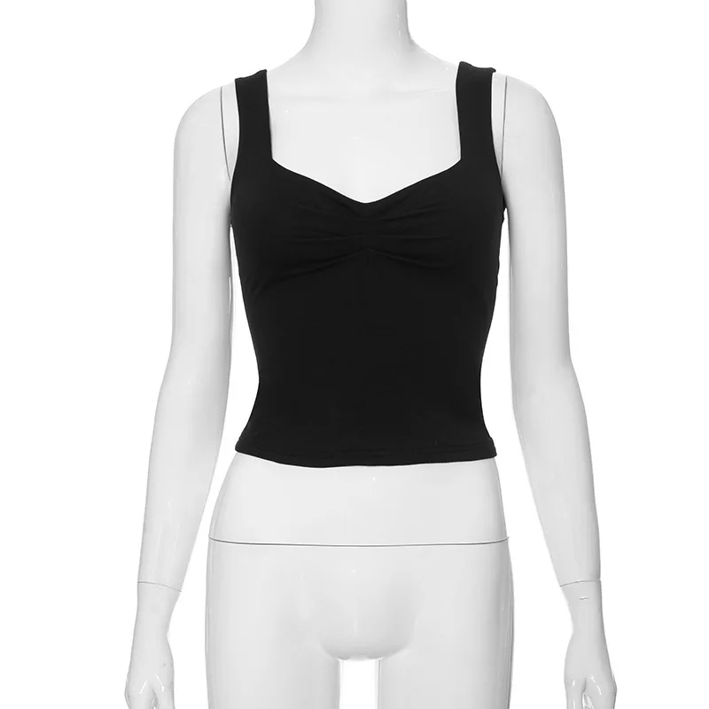 European and American women's spring new casual slim fit splicing exposed navel solid color square neck micro pleated T-shirt
