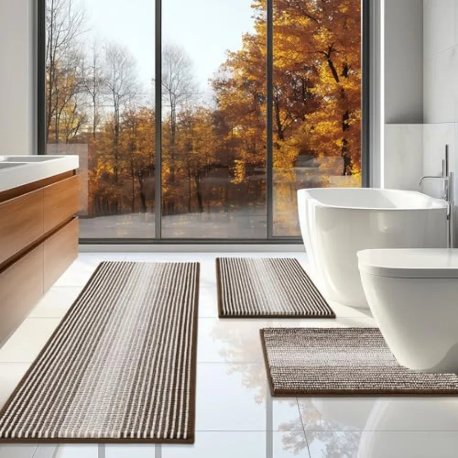 

Набор ковриков для ванной из 3 предметов: U-образный контурный коврик для туалета, длинный полосатый впитывающий нескользящий коврик для душа из шенилла