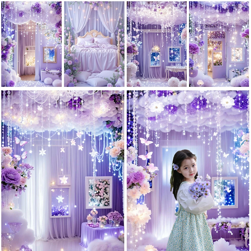 

MOON.QG Floral Bedroom Curtains String Light Chandelier Background Backdrop Women Birthday Photography Accessories Wedding Decor