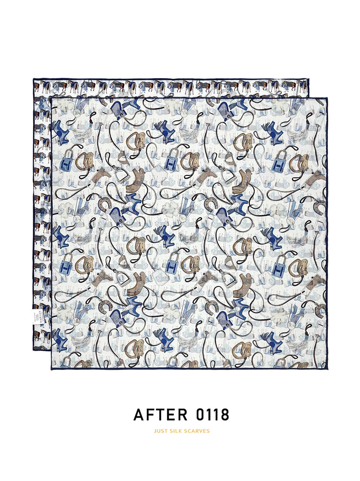 おしゃれな両面シルクウールスカーフ-レディース-シルクモヘアスカーフ-馬具アクセサリー-ブリティッシュスタイル-幾何学模様