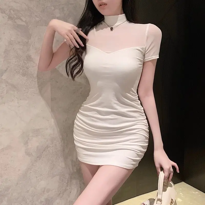 Elegant Short Sleeve Mesh Splice Slim Fit Waist Cinched Mini Dress Street Style Pure Color Polka Dot Print Casual Wear