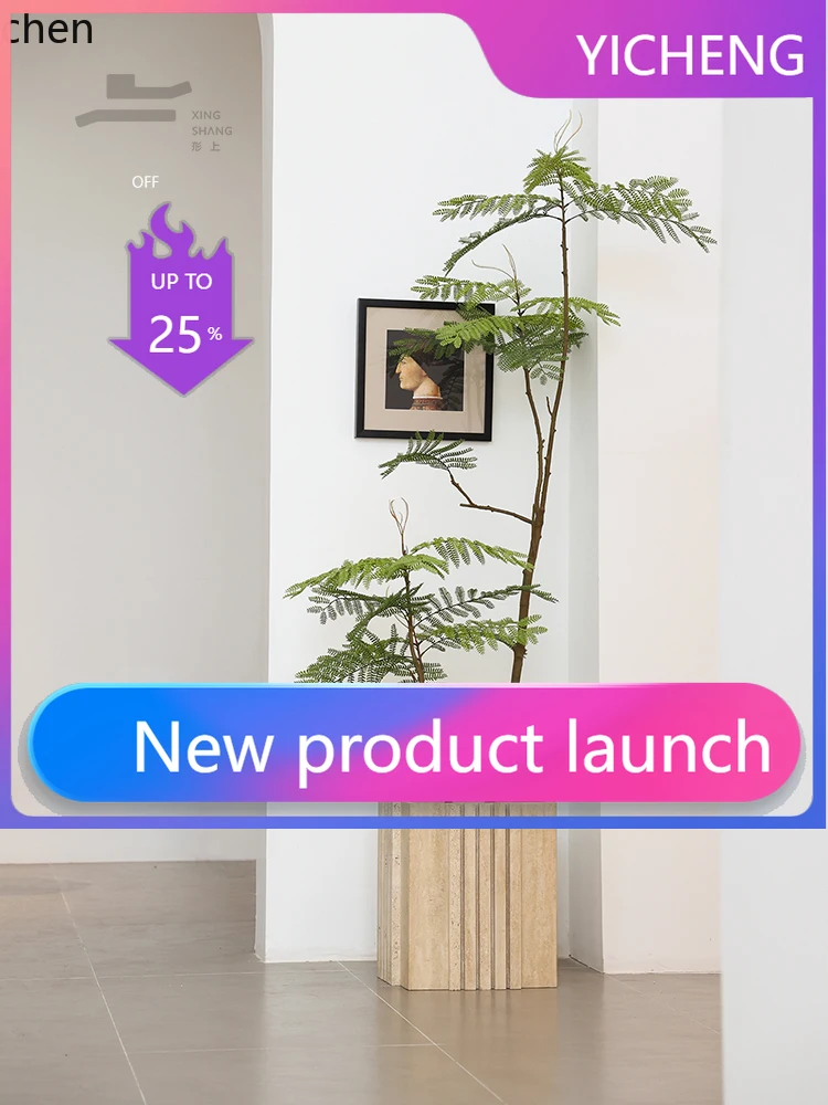 

LYY Marble Travertine Flower Pot Floor-standing Green Plant Artificial Blue Camellia Living Room Ornament